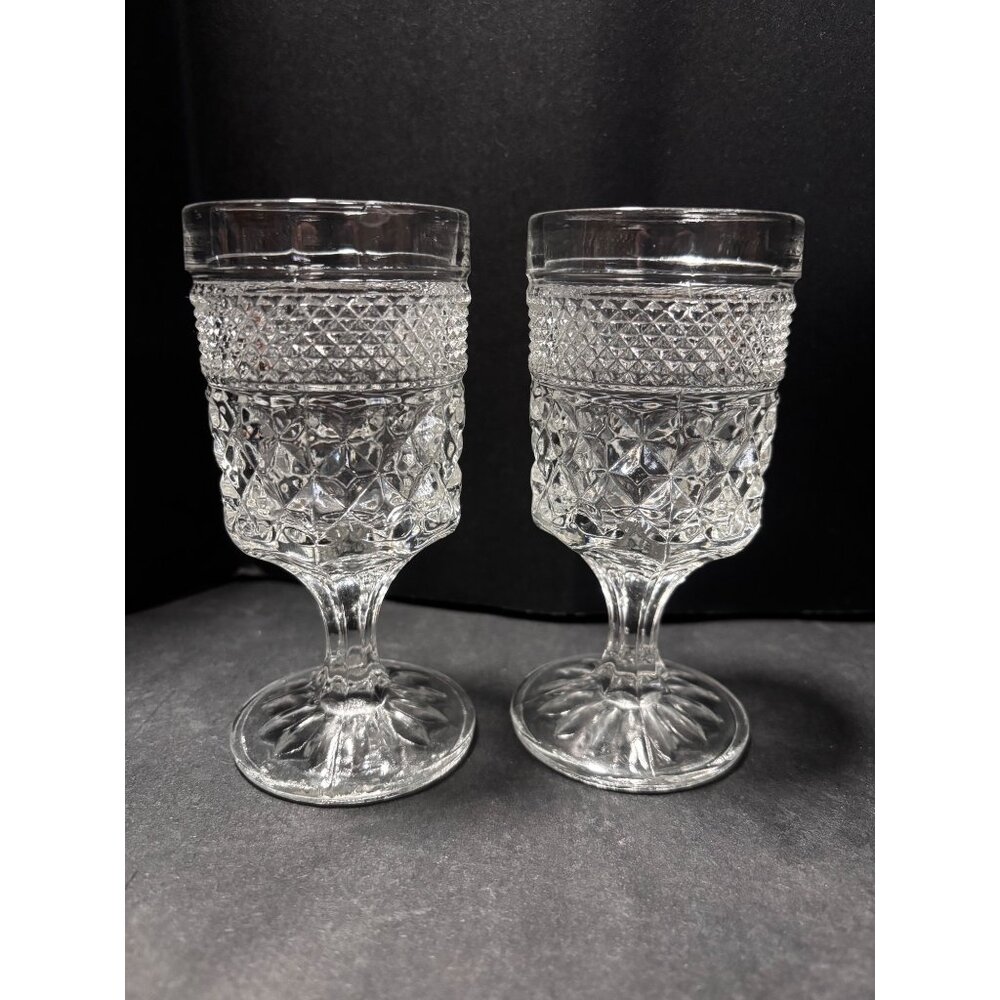 Wexford Anchor Hocking Diamond Point Glass Wine Goblets Stemware Vintage 80s